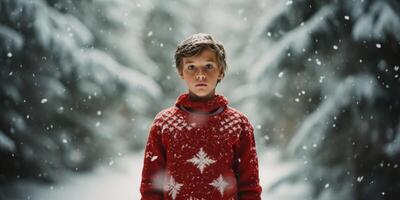 ai generado niño en un Navidad de punto suéter en el Nevado fuera de generativo ai foto