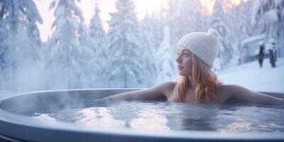 AI generated Young woman in a bathtub in a jacuzzi outdoors in winter Generative AI photo