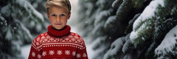 ai generado niño en un Navidad de punto suéter en el Nevado fuera de generativo ai foto