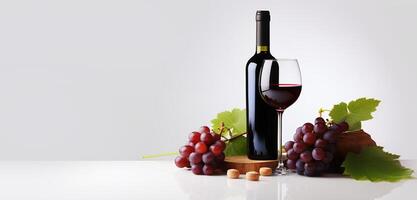 ai generado vino botellas con vaso y uvas en blanco antecedentes generativo ai foto