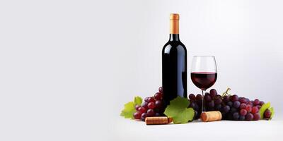 ai generado vino botellas con vaso y uvas en blanco antecedentes generativo ai foto