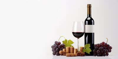 AI generated wine bottles with glass and grapes on white background Generative AI photo