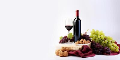 AI generated wine bottles with glass and grapes on white background Generative AI photo