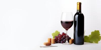 AI generated wine bottles with glass and grapes on white background Generative AI photo