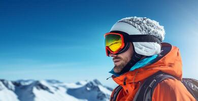 AI generated portrait of a skier man on a background of mountains Generative AI photo