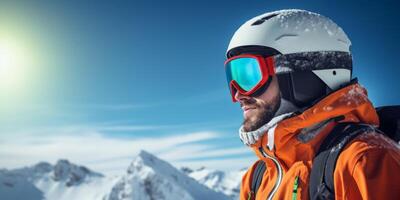 AI generated portrait of a skier man on a background of mountains Generative AI photo
