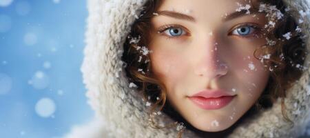 AI generated girl with snow on her face close-up portrait Generative AI photo