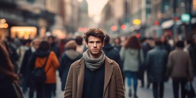 AI generated a man stands in the middle of a crowd on a city street Generative AI photo