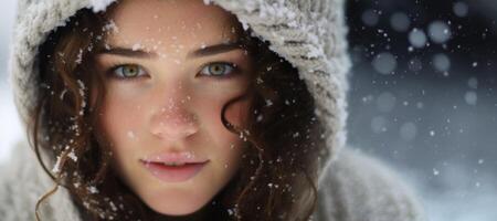 ai generado niña con nieve en su cara de cerca retrato generativo ai foto