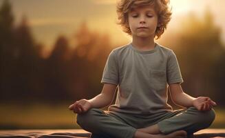 AI generated child practicing yoga at sunrise Generative AI photo