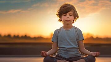 AI generated child practicing yoga at sunrise Generative AI photo