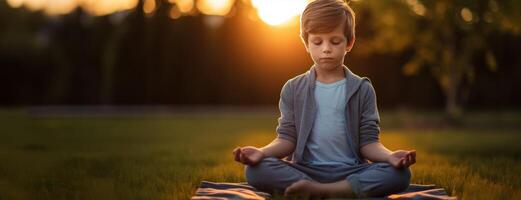 AI generated child practicing yoga at sunrise Generative AI photo