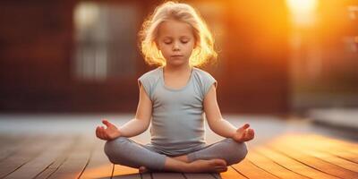 AI generated child practicing yoga at sunrise Generative AI photo