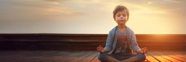 AI generated child practicing yoga at sunrise Generative AI photo