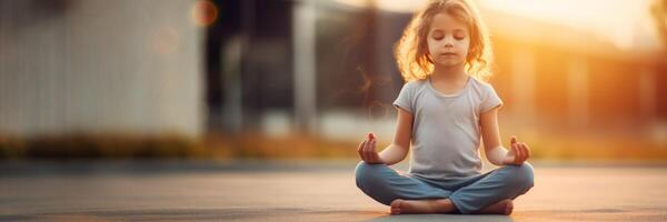 AI generated child practicing yoga at sunrise Generative AI photo