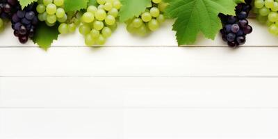 AI generated bunches of grapes on white wooden background Generative AI photo