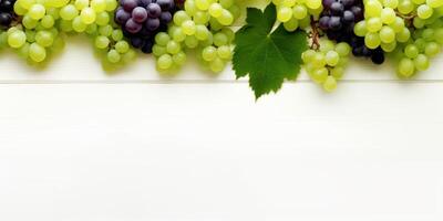 AI generated bunches of grapes on white wooden background Generative AI photo