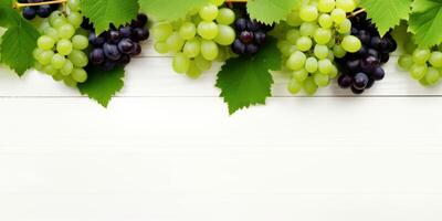 AI generated bunches of grapes on white wooden background Generative AI photo