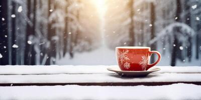 AI generated a cup of hot drink on the table against  winter forest Generative AI photo