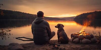 AI generated man with dog on the lake shore Generative AI photo