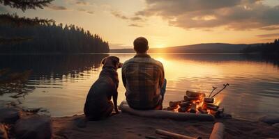 AI generated man with dog on the lake shore Generative AI photo