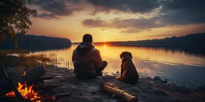 AI generated man with dog on the lake shore Generative AI photo