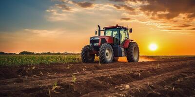 AI generated agricultural tractor cultivates the land in the field Generative AI photo