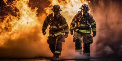 ai generado bomberos ven fuera de el fuego generativo ai foto