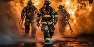 ai generado bomberos ven fuera de el fuego generativo ai foto