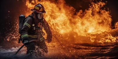 AI generated firefighters come out of the fire Generative AI photo