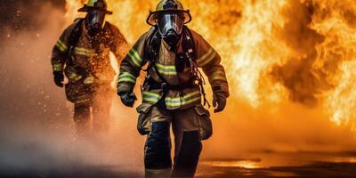 ai generado bomberos ven fuera de el fuego generativo ai foto