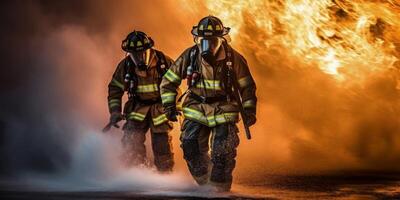 ai generado bomberos ven fuera de el fuego generativo ai foto