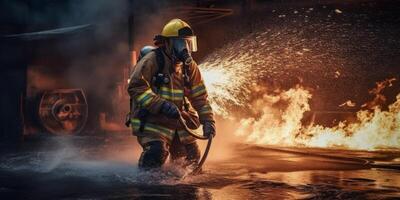 ai generado bomberos ven fuera de el fuego generativo ai foto