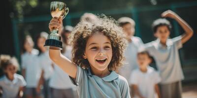 AI generated child girl with cup celebrating victory Generative AI photo