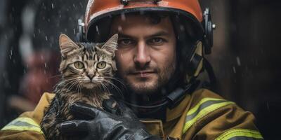 AI generated fireman rescued kitten from fire Generative AI photo