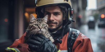 AI generated fireman rescued kitten from fire Generative AI photo