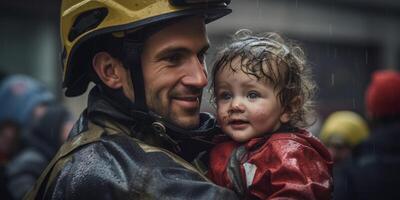 AI generated fireman rescues child from fire Generative AI photo