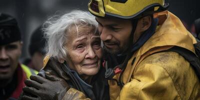 ai generado bombero rescate un hombre desde un ardiente edificio generativo ai foto