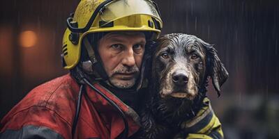 AI generated Firefighter carries dog out of fire Generative AI photo