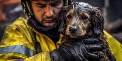 AI generated Firefighter carries dog out of fire Generative AI photo