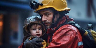 ai generado bombero rescata niño desde fuego generativo ai foto