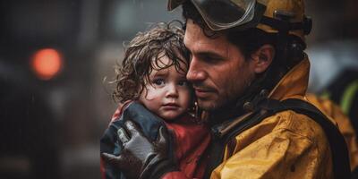 AI generated fireman rescues child from fire Generative AI photo