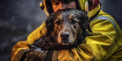 ai generado bombero lleva perro fuera de fuego generativo ai foto