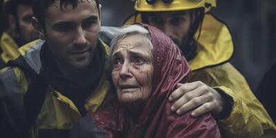 ai generado bombero rescate un hombre desde un ardiente edificio generativo ai foto