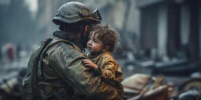 ai generado un soldado ahorra un niño en el guerra generativo ai foto