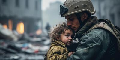 ai generado un soldado ahorra un niño en el guerra generativo ai foto