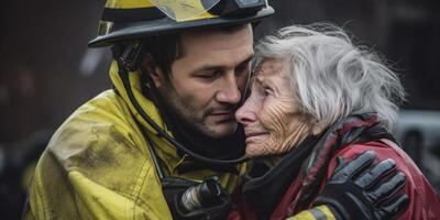 ai generado bombero rescate un hombre desde un ardiente edificio generativo ai foto