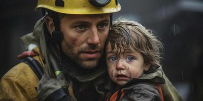 ai generado bombero rescata niño desde fuego generativo ai foto