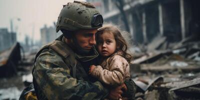 ai generado un soldado ahorra un niño en el guerra generativo ai foto