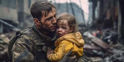 AI generated a soldier saves a child in the war Generative AI photo